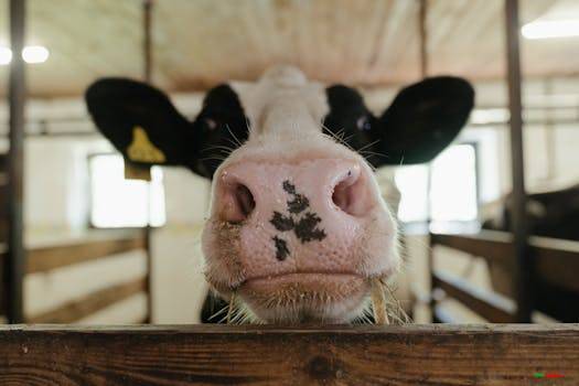 Close-up of a Holstein cow's nose inside a barn, showcasing farm life.