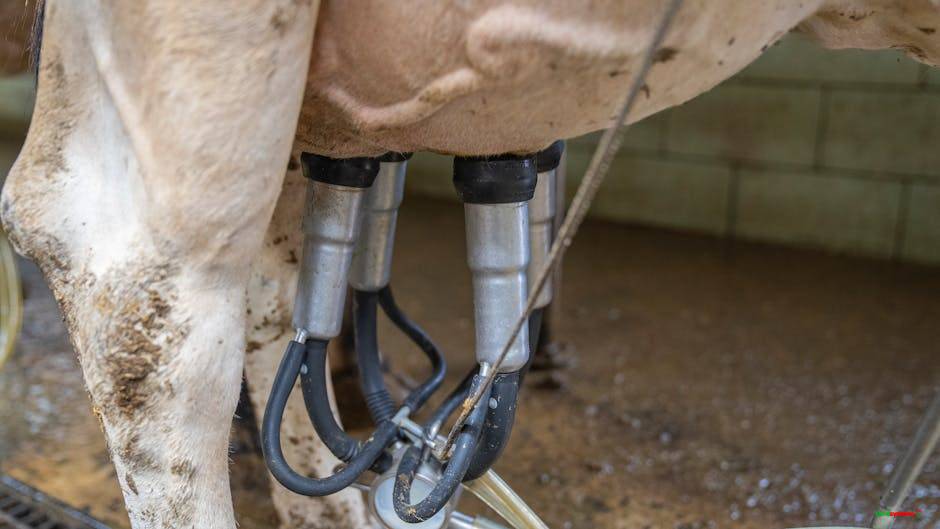 Close-up of automated milking machine on a cow in a dairy farm setting.