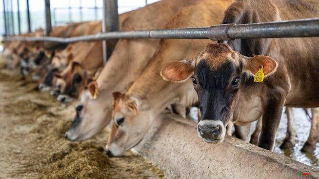 Cows lined up eating in a barn in North Carolina showcasing farm life.