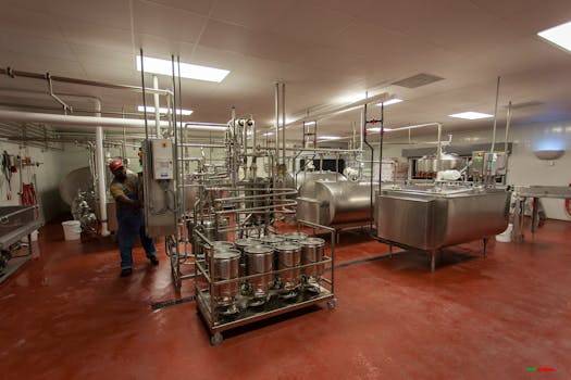 High-tech dairy processing facility with advanced equipment and industrial machinery for milk production.