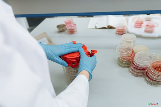 Scientist with gloves handling Petri dishes in a laboratory setting, emphasizing research.