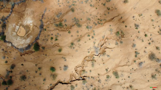 Aerial view capturing the arid, cracked terrain of Kimanjo, Laikipia County, Kenya.